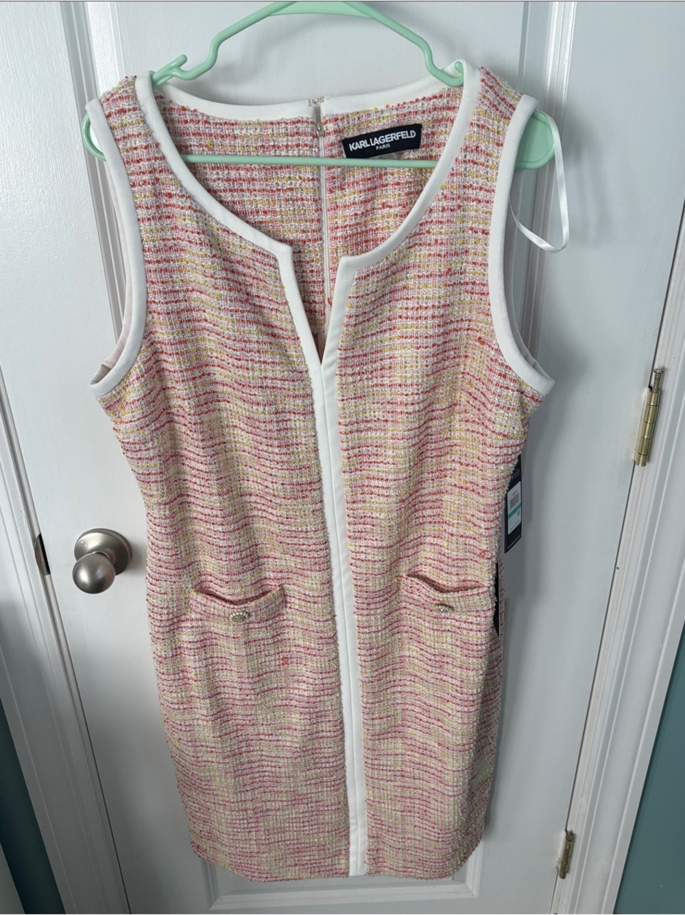 Karl Lagerfeld Pink and Cream Tweed Sheath Dress with White Trim